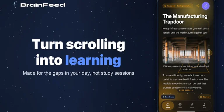 Интерфейс приложения BrainFeed с персонализированной лентой учебных карточек и целями обучения
