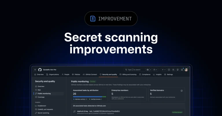 Экран мониторинга безопасности GitHub с выделенными уведомлениями о сканировании секретов.