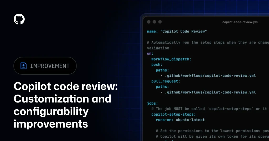 Иллюстрация, изображающая интерфейс GitHub с элементами кода и иконкой Copilot, символизирующая процесс обзора кода.