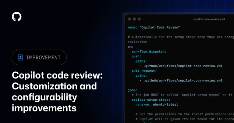 Иллюстрация, изображающая интерфейс GitHub с элементами кода и иконкой Copilot, символизирующая процесс обзора кода.