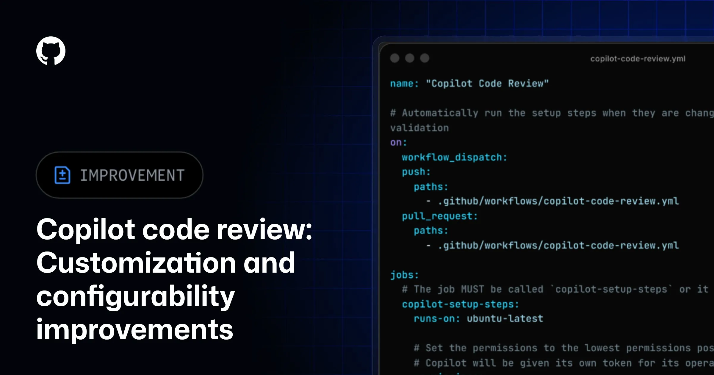Иллюстрация, изображающая интерфейс GitHub с элементами кода и иконкой Copilot, символизирующая процесс обзора кода.