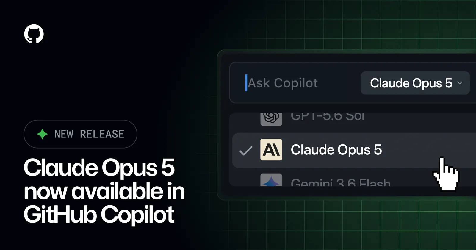 Интерфейс среды разработки с активной панелью GitHub Copilot и выбором модели Claude Opus 5.