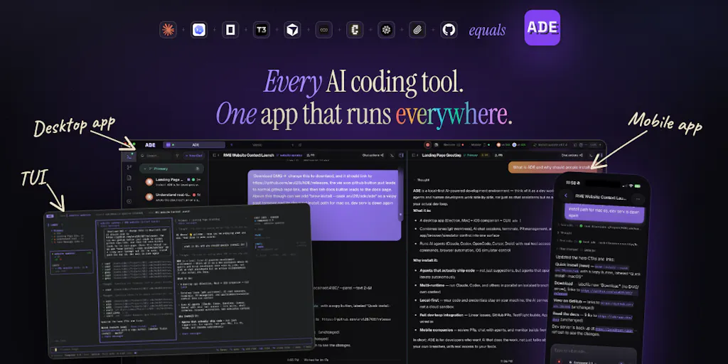 Скриншот ADE — окружение для AI-агентов с синхронизацией сессий между устройствами