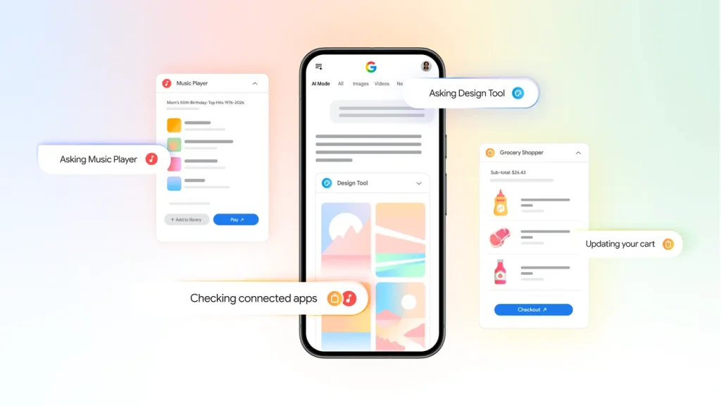 Интерфейс AI Mode в Google Search с иконками подключенных приложений