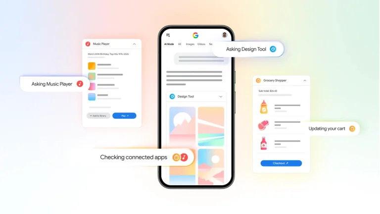 Интерфейс AI Mode в Google Search с иконками подключенных приложений