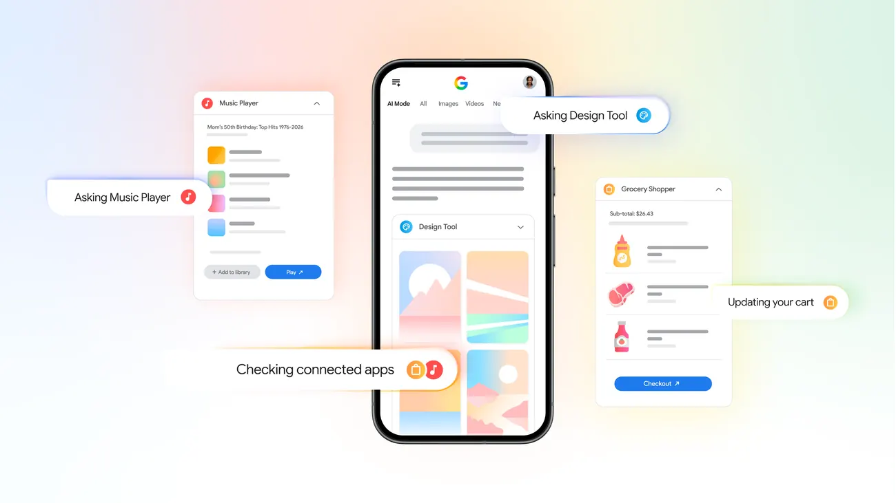 Интерфейс AI Mode в Google Search с иконками подключенных приложений