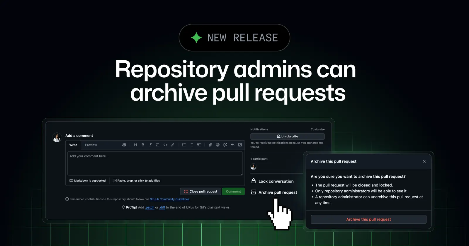 Интерфейс GitHub с выделенной опцией архивации запроса на слияние