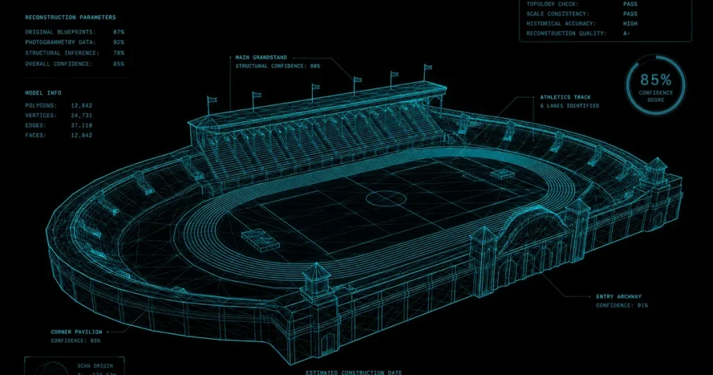 3D-реконструкция стадиона 1908 года в неоновом каркасном стиле