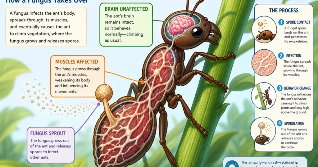 Муравей с грибом Ophiocordyceps: мозг цел, поражены мышцы