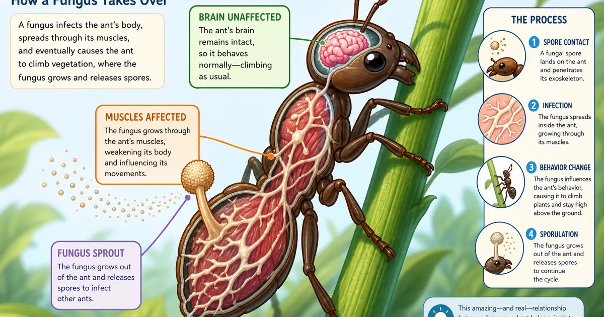 Муравей с грибом Ophiocordyceps: мозг цел, поражены мышцы
