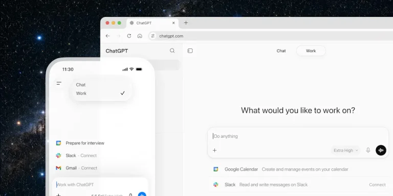 Скриншот или иллюстрация, демонстрирующая интерфейс ChatGPT Work с подключенными сервисами.