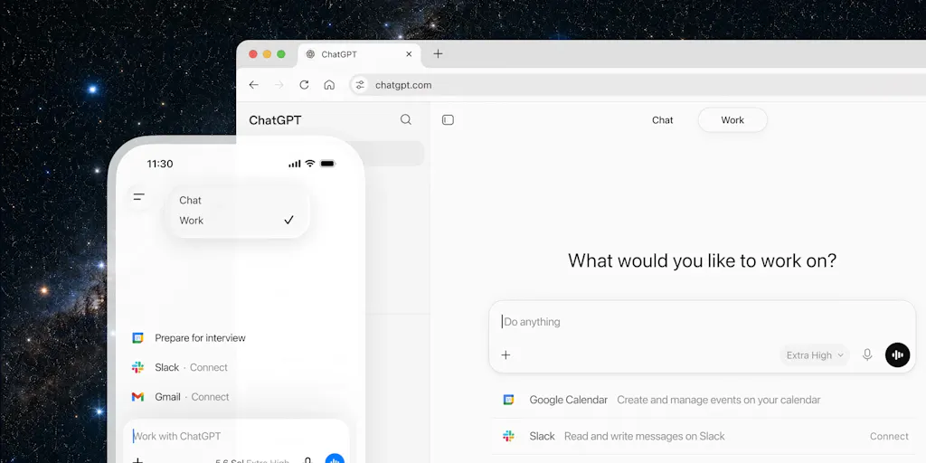 Скриншот или иллюстрация, демонстрирующая интерфейс ChatGPT Work с подключенными сервисами.