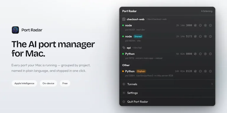Интерфейс приложения Port Radar для macOS с отображением сетевых портов, процессов и меток безопасности, сгенерированных Apple Intelligence