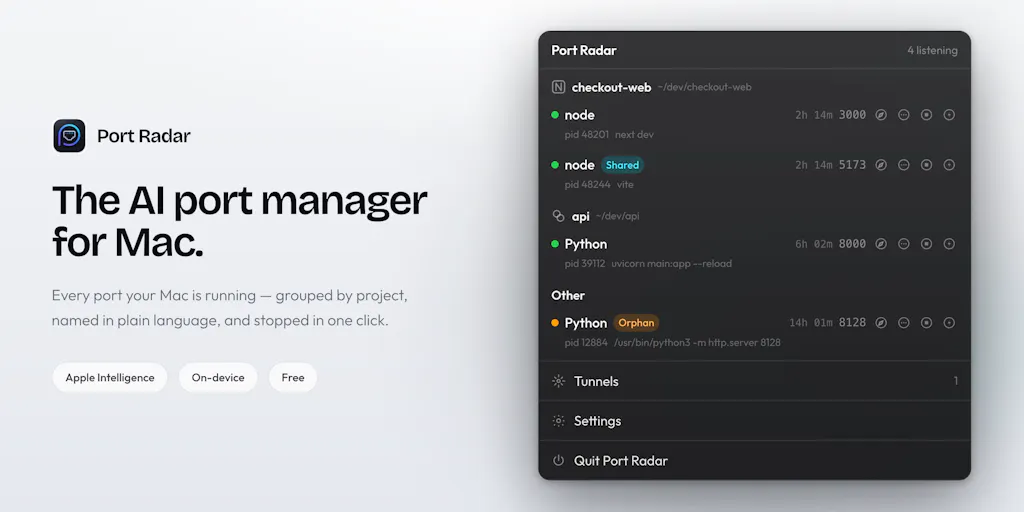 Интерфейс приложения Port Radar для macOS с отображением сетевых портов, процессов и меток безопасности, сгенерированных Apple Intelligence