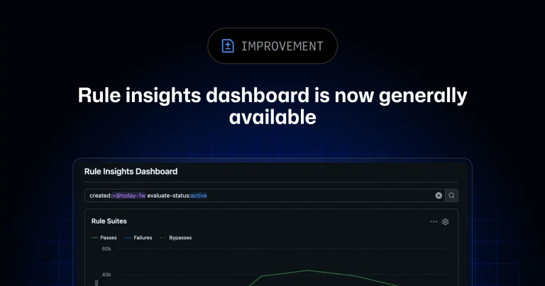 Интерфейс дашборда Rule Insights от GitHub с графиками успешных проверок, сбоев и обходов правил репозиториев
