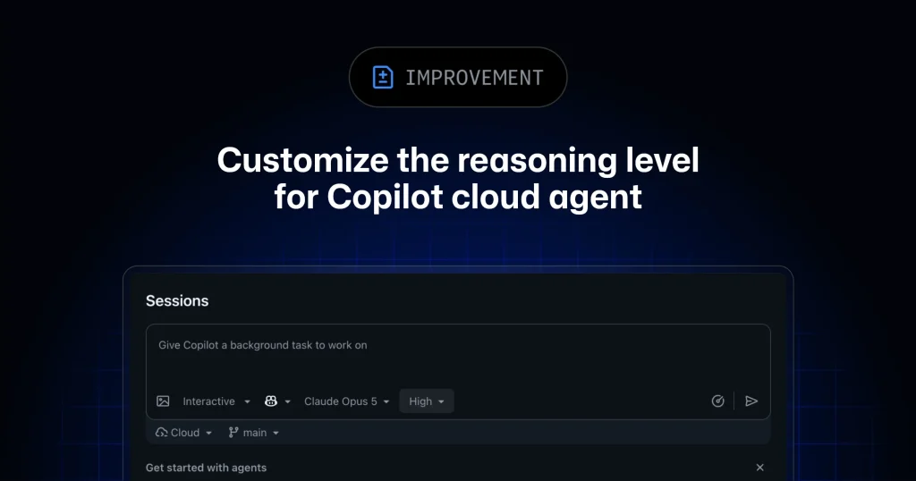 Окно конфигурации задачи в GitHub Copilot cloud agent с выбором уровня рассуждений и модели