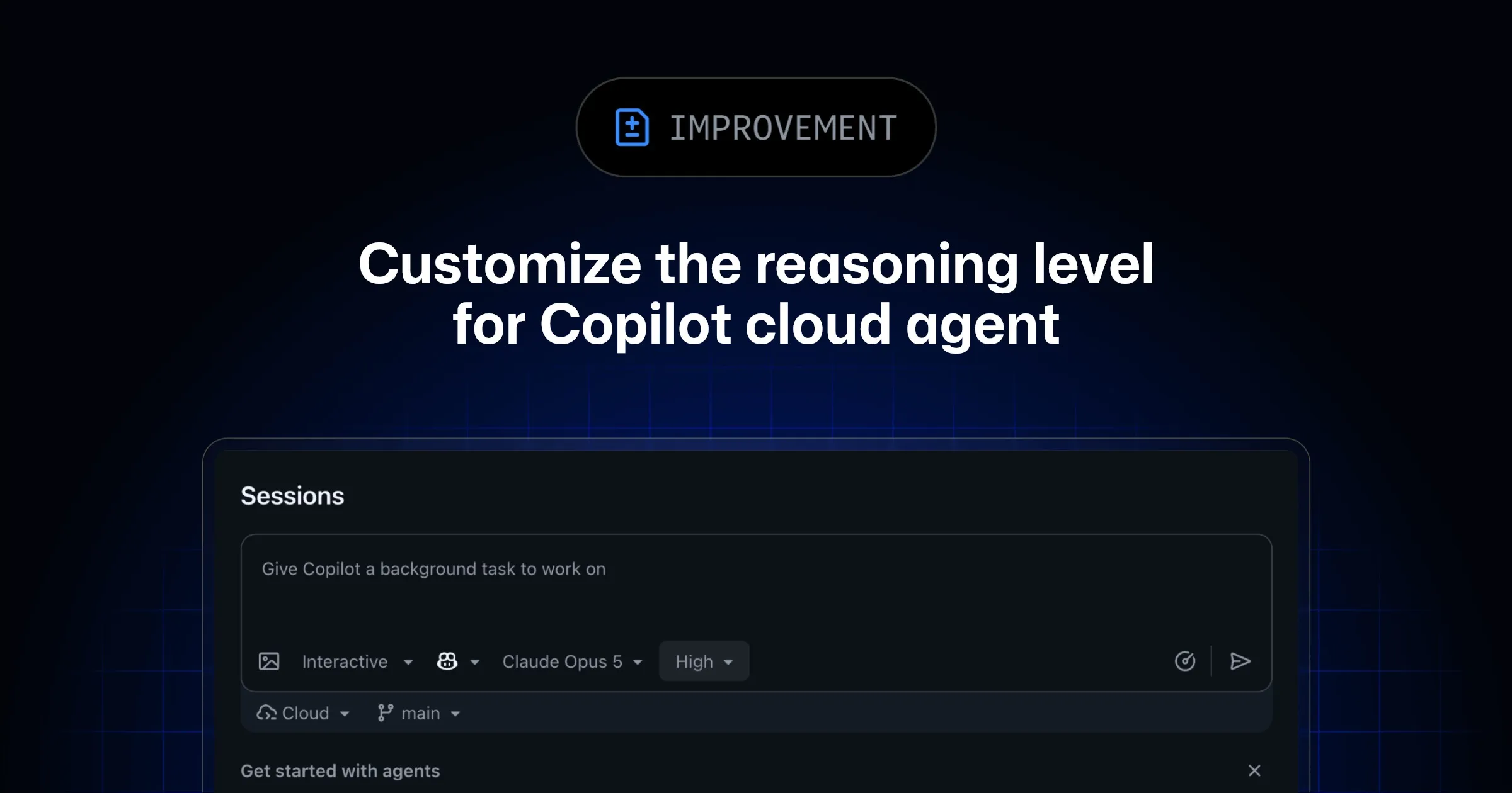 Окно конфигурации задачи в GitHub Copilot cloud agent с выбором уровня рассуждений и модели
