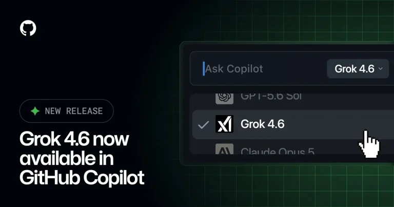 Скриншот интерфейса GitHub Copilot с выбором модели Grok 4.6