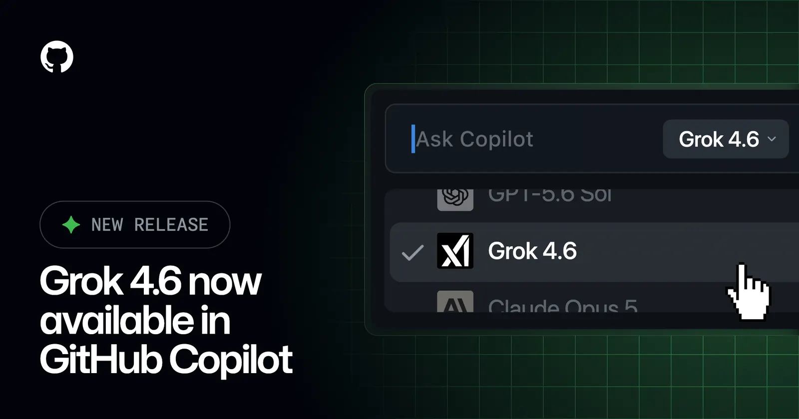Скриншот интерфейса GitHub Copilot с выбором модели Grok 4.6