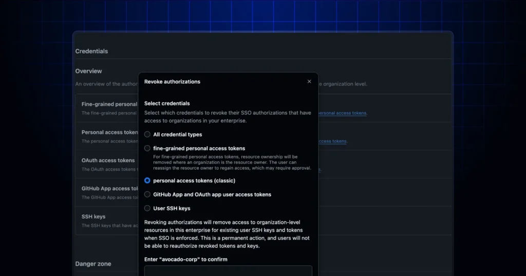 Скриншот интерфейса GitHub Enterprise с панелью управления учётными данными и опцией выборочного отзыва по типу токена