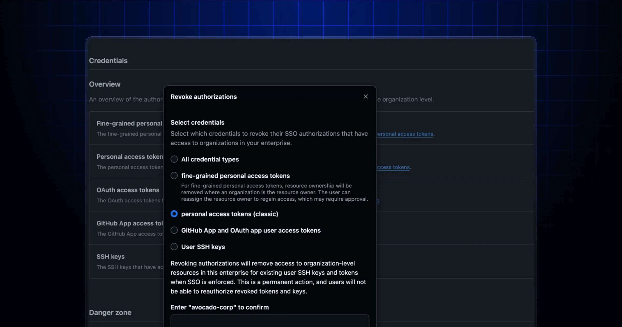 Скриншот интерфейса GitHub Enterprise с панелью управления учётными данными и опцией выборочного отзыва по типу токена