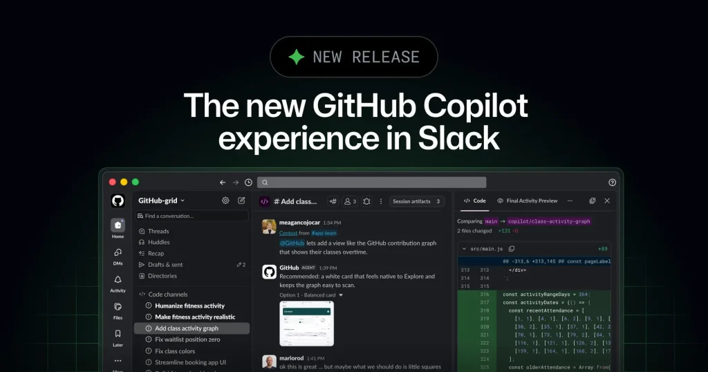 Интерфейс Slack с агентом GitHub Copilot, работающим в канале для кодирования