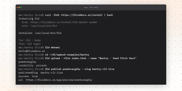 Окно терминала с командами FluidDocs CLI для публикации интерактивной документации