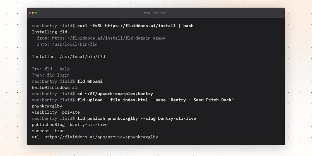 Окно терминала с командами FluidDocs CLI для публикации интерактивной документации