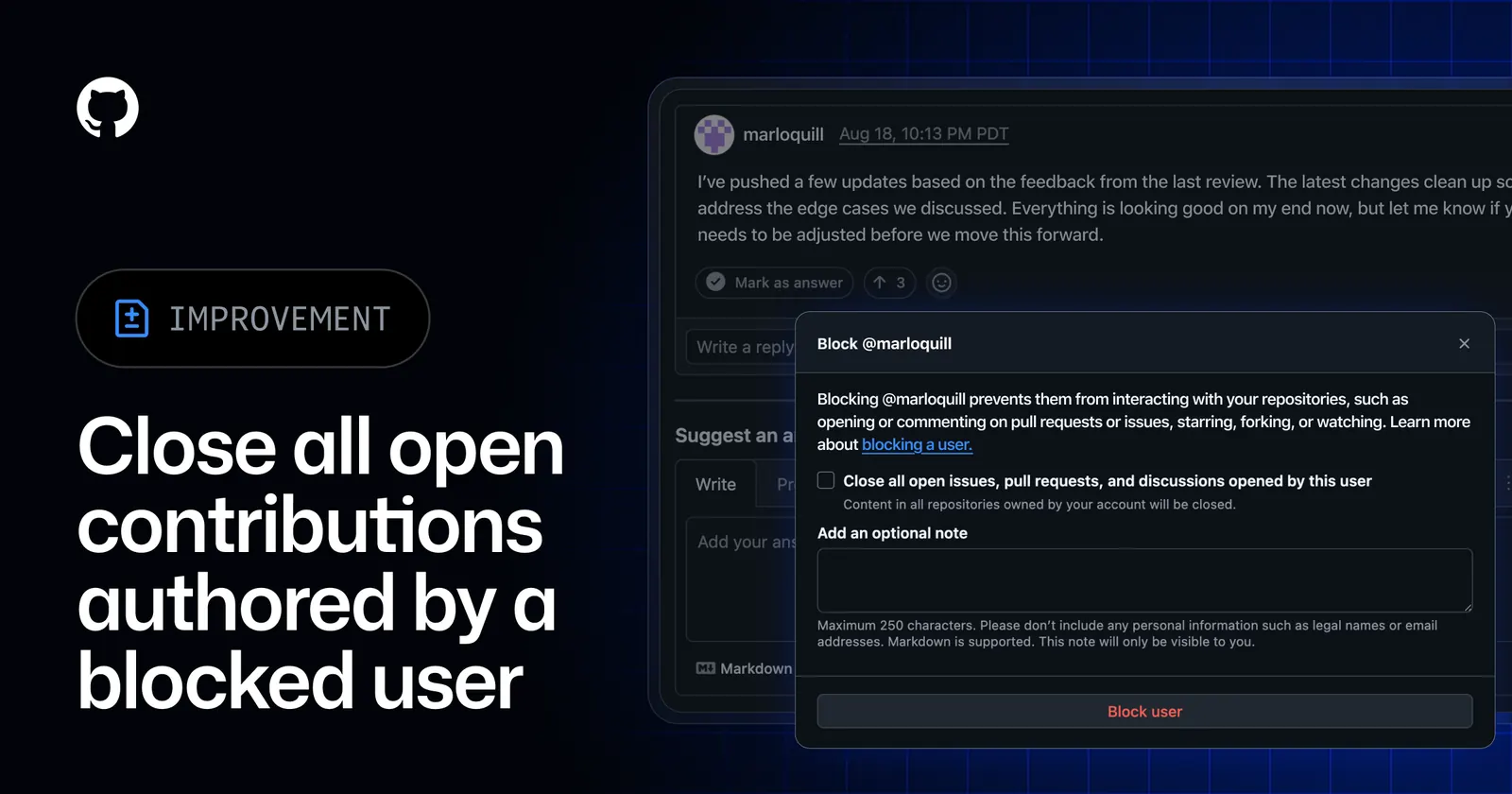 Интерфейс настроек модерации репозитория на GitHub с опцией блокировки пользователей