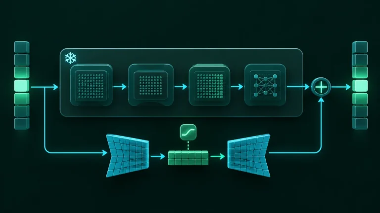 Схема adapter layers внутри слоя Transformer: основной замороженный путь и боковой bottleneck-модуль с down-projection, нелинейностью, up-projection и residual connection