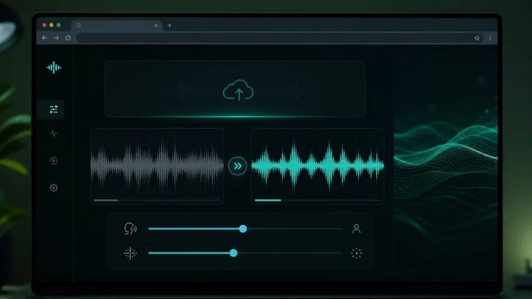 Интерфейс Adobe Podcast AI Enhance Speech в браузере с загрузкой аудиофайла, сравнением до и после и настройками Speech и Background