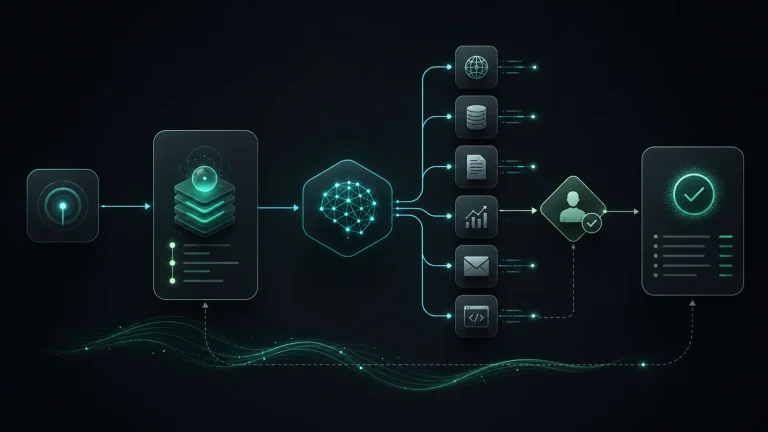 Схема agentic workflow: триггер, контекст и состояние, выбор шага моделью, вызовы инструментов, проверка человеком и завершение.