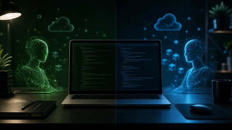 Сравнение Amazon Q Developer и GitHub Copilot в редакторе кода на ноутбуке с двумя колонками и акцентом на IDE, тарифы и политику данных