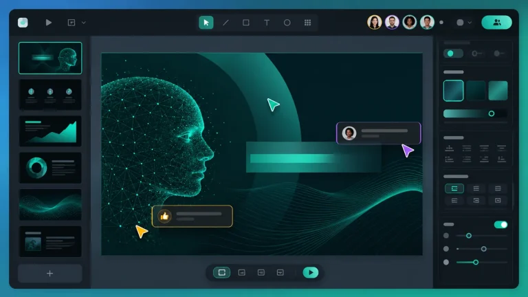 Интерфейс Beautiful.ai: библиотека презентаций и редактор со списком слайдов слева и панелью свойств справа