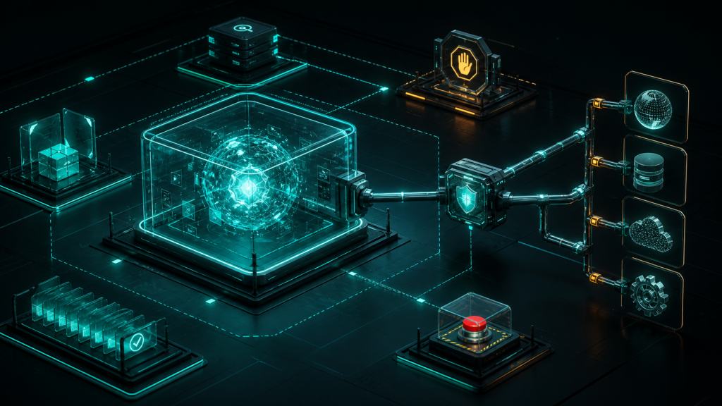 Схема Zero Trust-архитектуры AI-агента с недоверенной моделью, внешним harness, ephemeral sandbox, broker секретов, egress proxy, approval gate, аудитом и kill switch