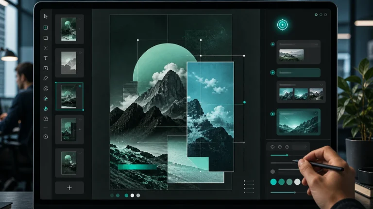 Интерфейс Canva AI с редактируемым многослойным дизайном и панелью AI-инструментов