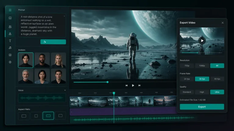 Интерфейс CapCut AI Video Editor с полем для prompt, выбором voiceover или AI avatar и окном предпросмотра перед экспортом.
