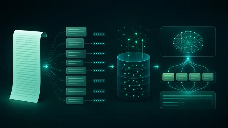 Схема chunking: большой документ делится на чанки, загружается в vector store и затем нужные фрагменты извлекаются в контекст модели