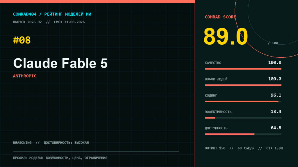 Claude Fable 5 от Anthropic — профиль модели с рейтингом COMRAD404, ценой API и показателями кодинга