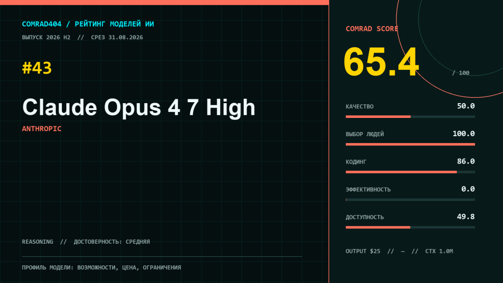 Профиль Claude Opus 4.7 High с COMRAD Score 65,4, оценками кодинга и человеческого предпочтения
