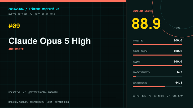 Профиль Claude Opus 5 High с COMRAD Score 88,9 и суббаллами качества, кода, эффективности и доступа