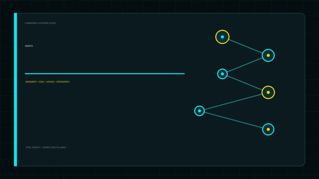 Редакционная обложка COMRAD404: Monorepo-шаблон для AI-агентов: безопасная сборка и деплой на edge