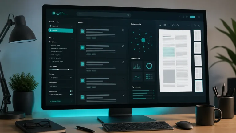 Интерфейс Consensus с поиском по научным статьям, фильтрами и карточками публикаций