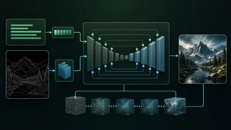 Схема работы ControlNet: текстовый промпт и управляющая карта поступают в базовую diffusion-модель и ветвь ControlNet, после чего объединяются для генерации изображения с сохранением структуры.