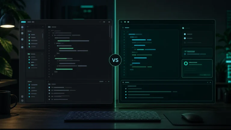 Сравнение Cursor и Zed AI на рабочем столе разработчика с двумя окнами редакторов и терминалом