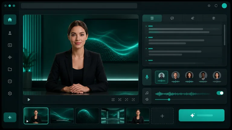 Интерфейс D-ID Studio для создания видео с аватаром: предпросмотр, вкладка Script, выбор голоса и кнопка Generate video