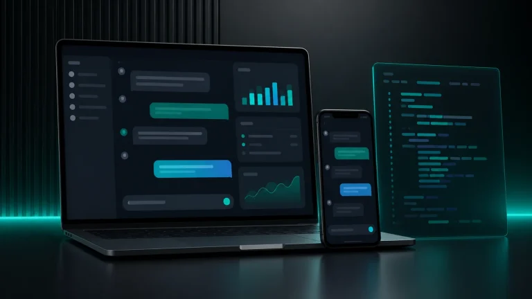 Интерфейс DeepSeek Chat в браузере рядом с мобильным экраном и примером API-чата DeepSeek