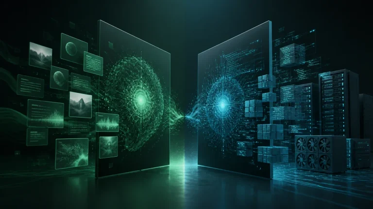 Сравнение DeepSeek R1 и GPT-4o: абстрактная иллюстрация двух AI-моделей с текстом, изображениями и кодом