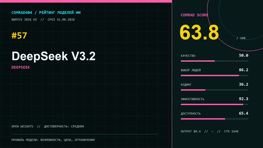 Профиль DeepSeek V3.2 с COMRAD Score 63,8, пятью суббаллами, ценой токенов и контекстом 163 840 токенов