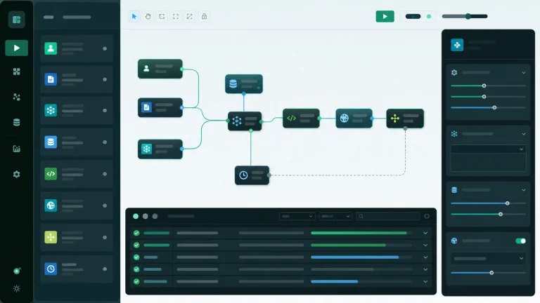 Интерфейс Dify Workflow Studio с визуальным canvas, узлами workflow, панелью настроек и журналом запусков